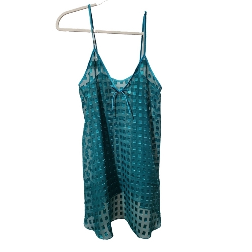 Vintage Josie Teal Checkered Sheer Slip Nightgown L